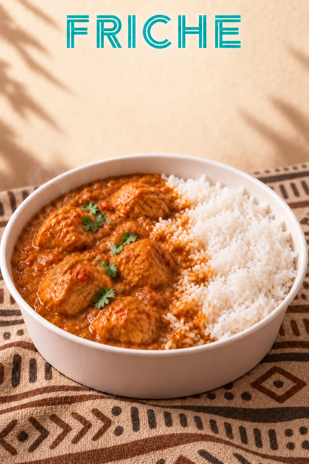 Mafé de poulet et riz blanc dans un bowl blanc FRICHE