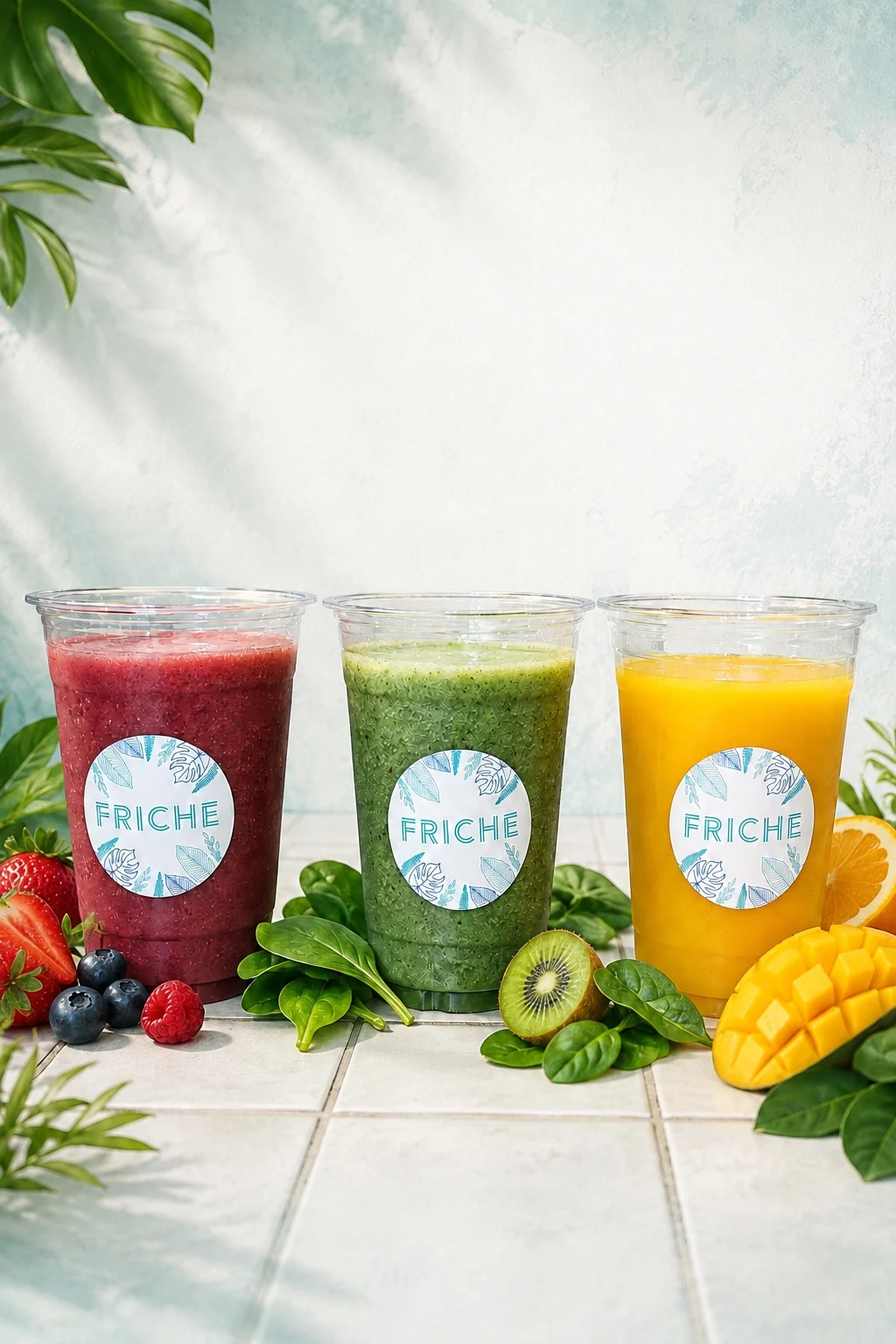 Trois smoothies fruités FRICHE sur le comptoir du restaurant