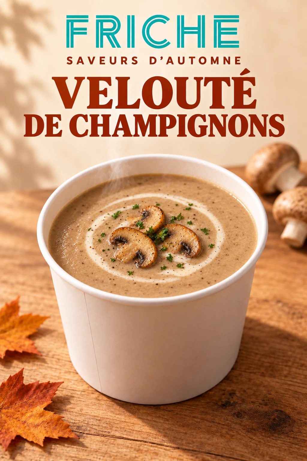 Velouté de champignons FRICHE, servi dans un bol blanc